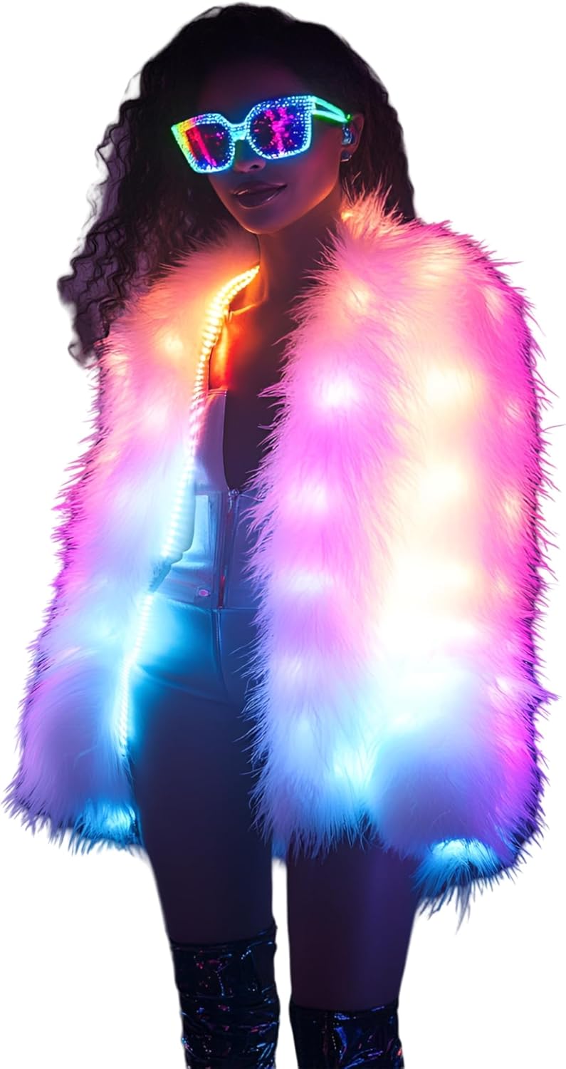 SHINYOU Women Faux Fur Jacket LED Light Up Jacket Halloween Chirstmas Music Festival Gift Winter Night Out Coat Plus Size¡­ - Image 1